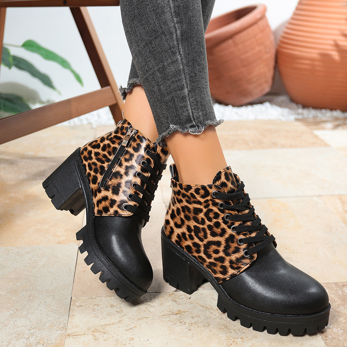 Leopard Print Block Heel Boots