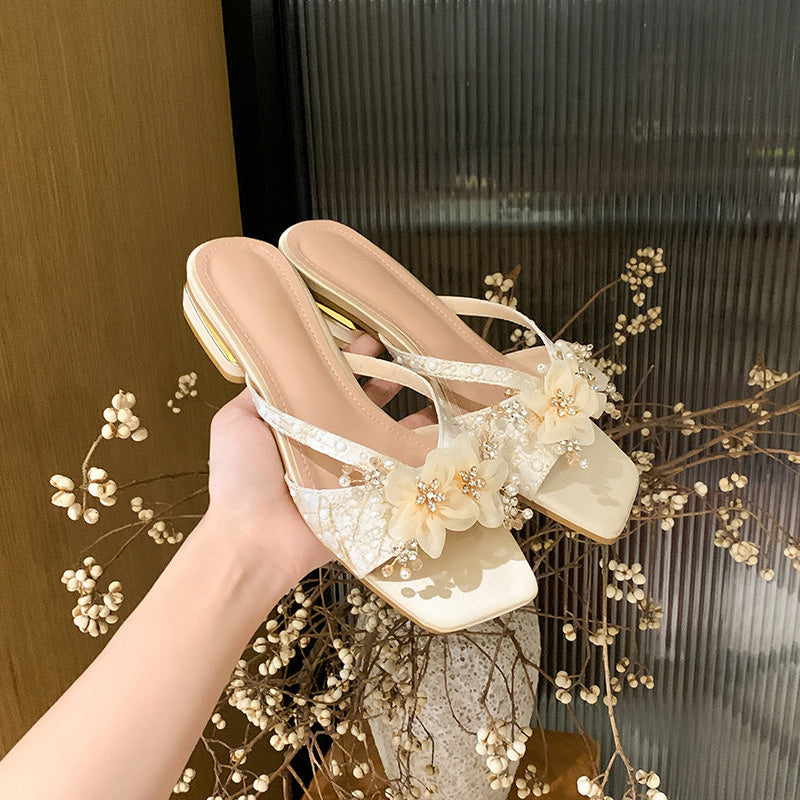 Camellia Square-Toe Low-Heel Sandals