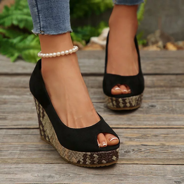 Open-toe woven platform wedge shoes