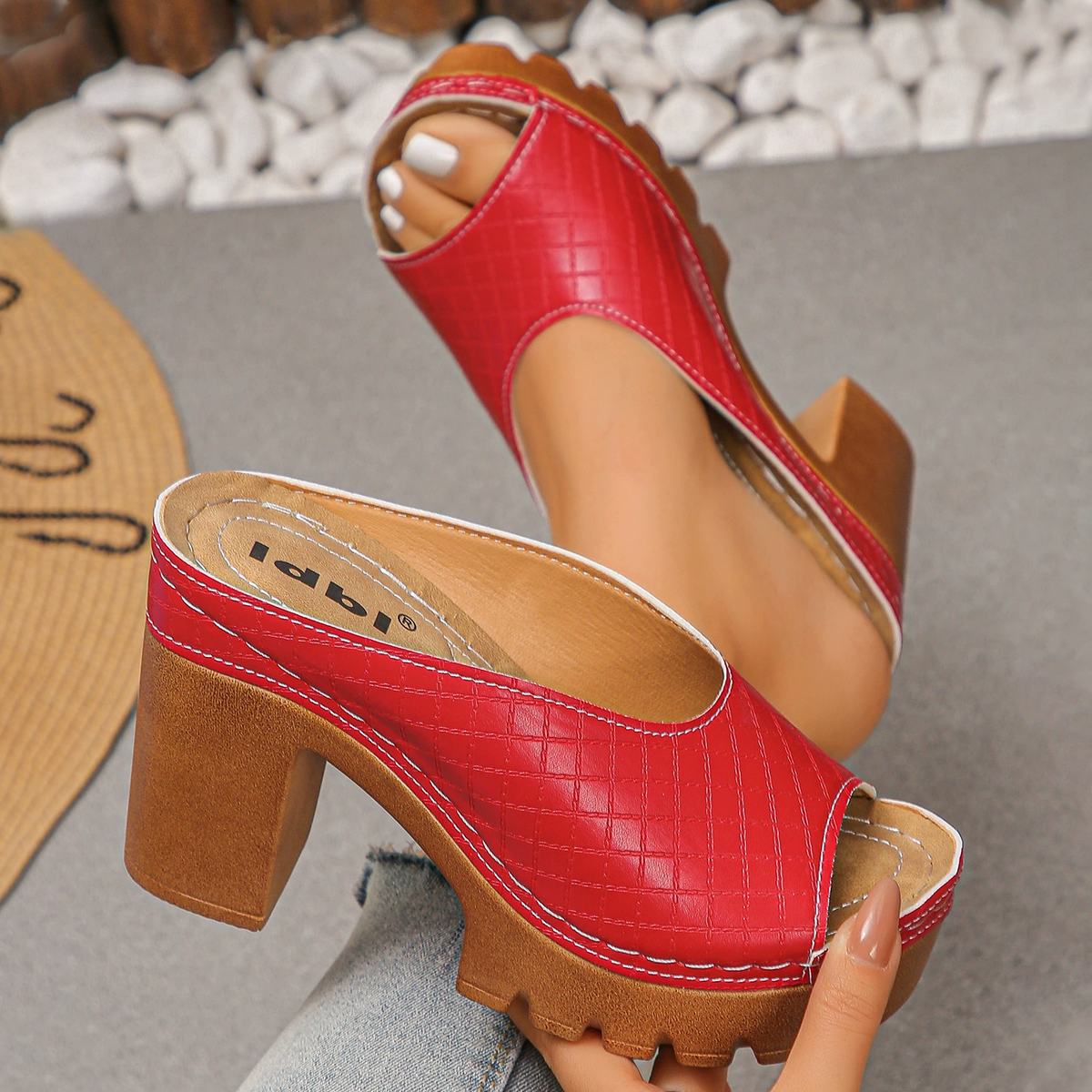 Vintage Croc Grid Platform Open Toe High Heel Slides