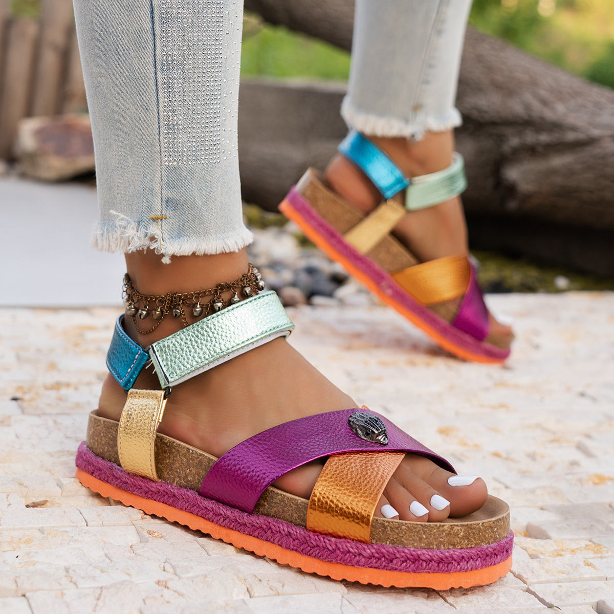 Iridescent Mixed Color Ankle Wrap Platform Sandals