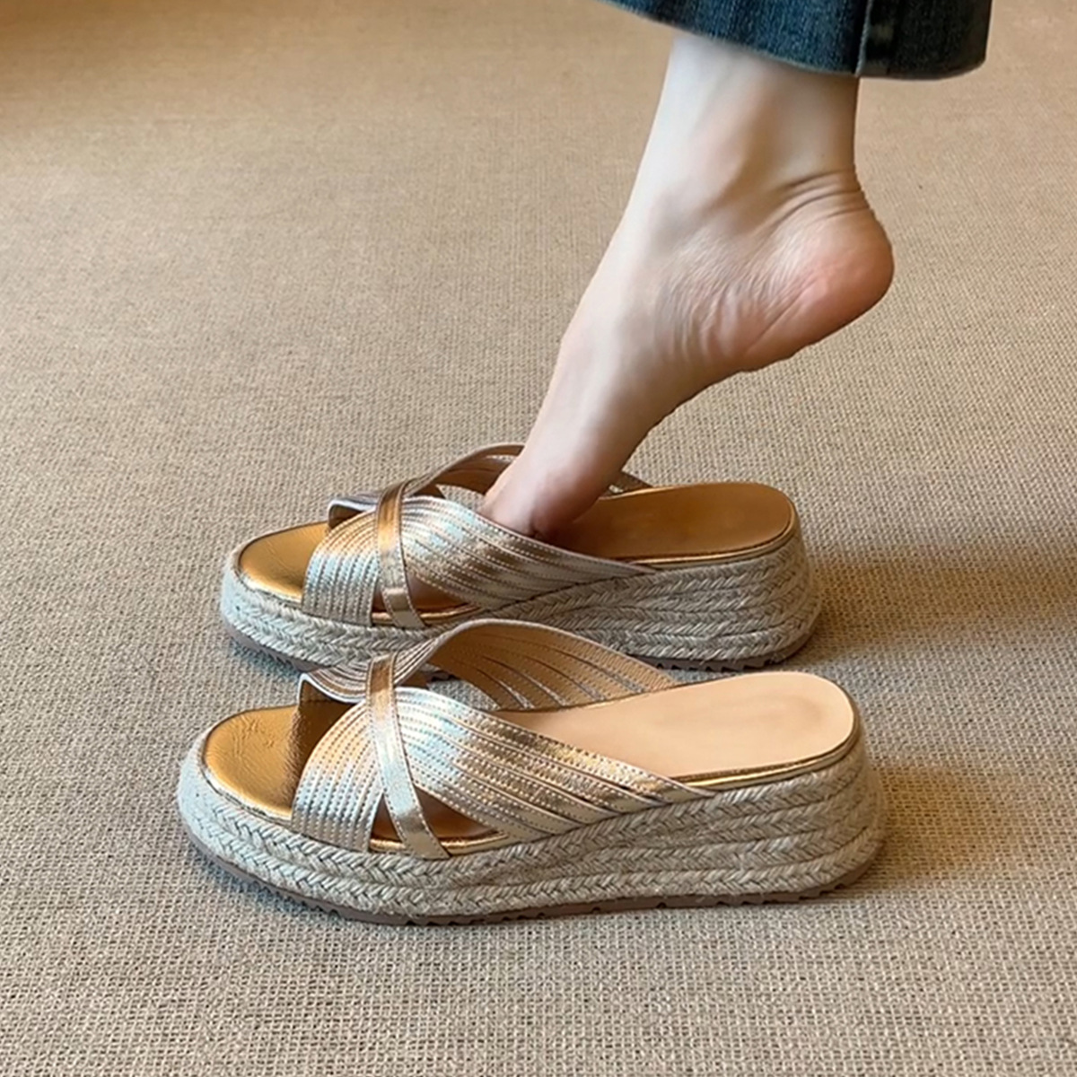 Cross Strap Espadrille Wedge Slide Sandals