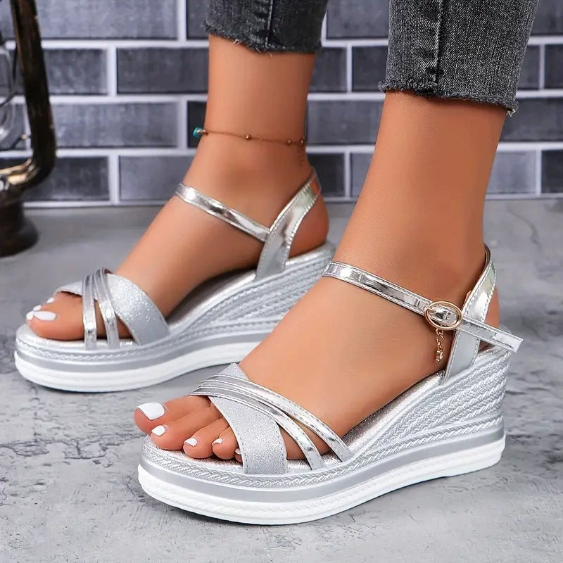 Women Metallic Crisscross Wedge Sandals
