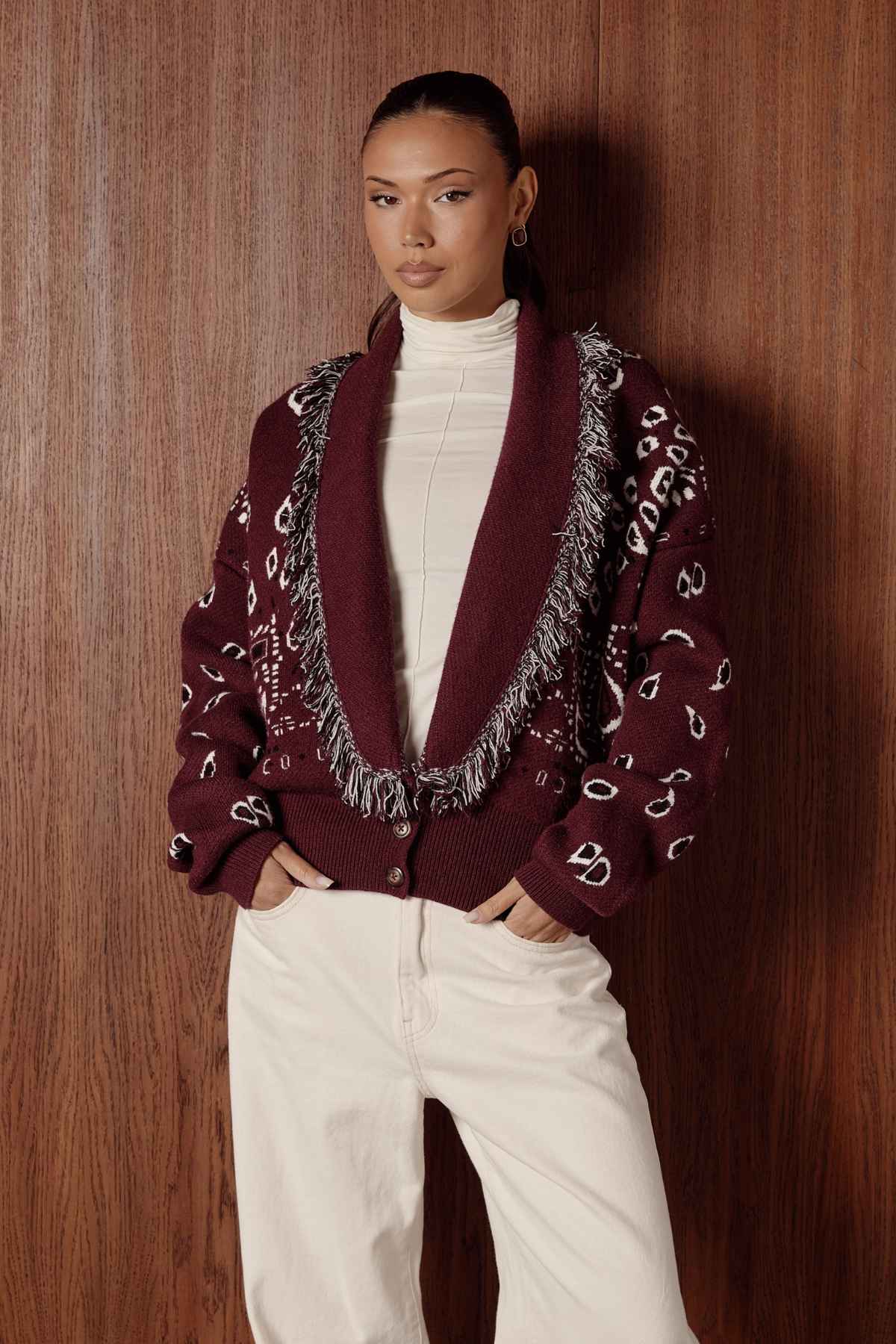 LANA Burgundy Paisley Short Cardigan