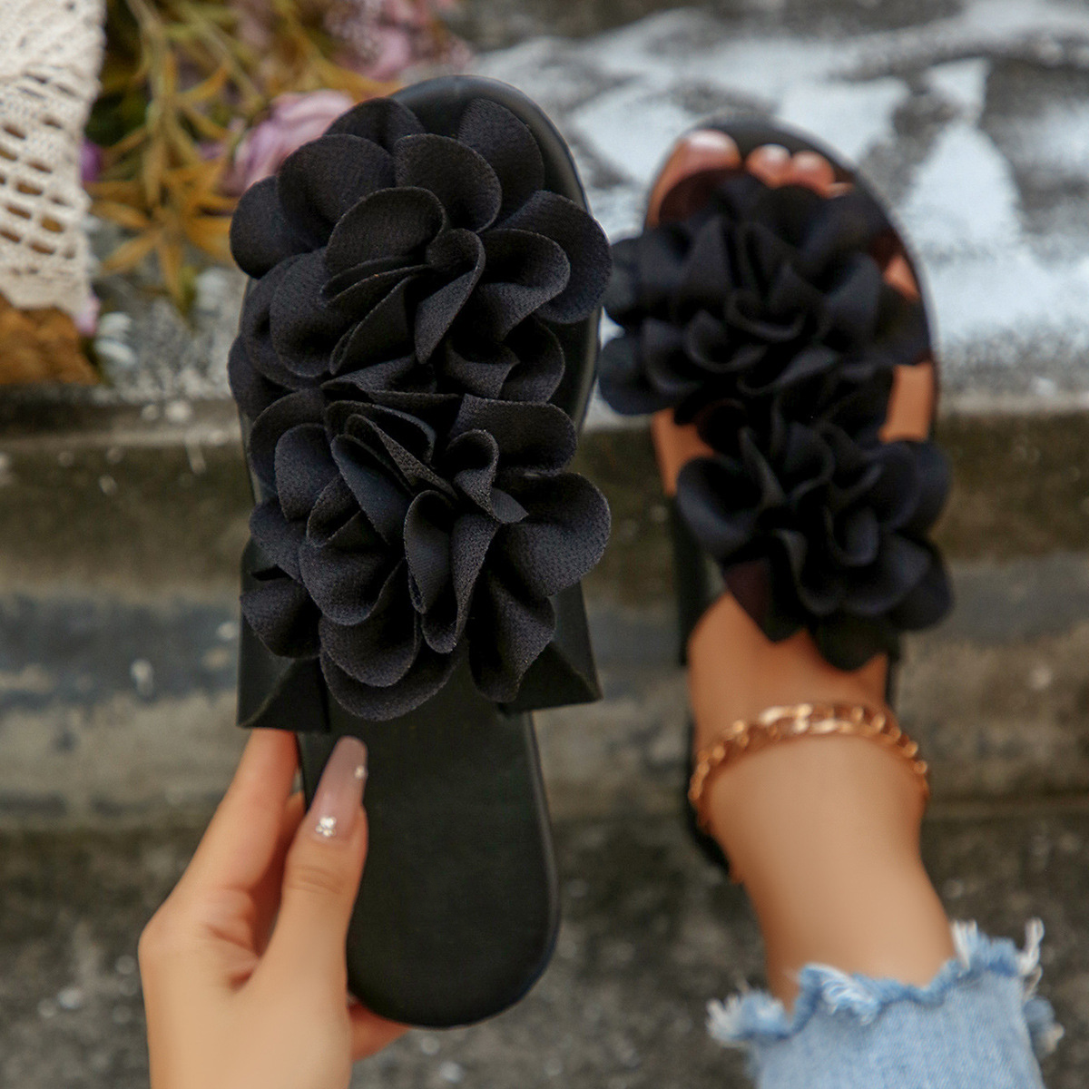 Boho Two Big Flower Flat Casual Beach Slide Sandals