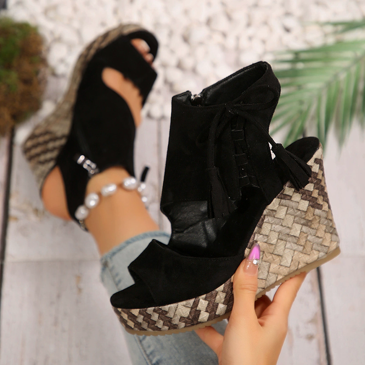 Tassel Lace Up Woven Wedge Ankle Sandals