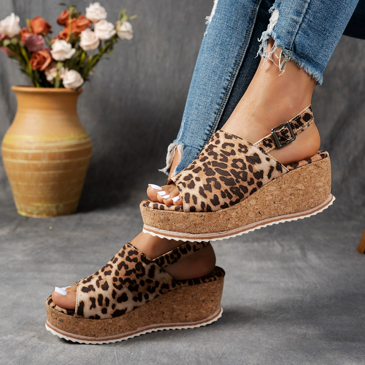 Adjustable Buckle Cork Wedge Slide Sandals