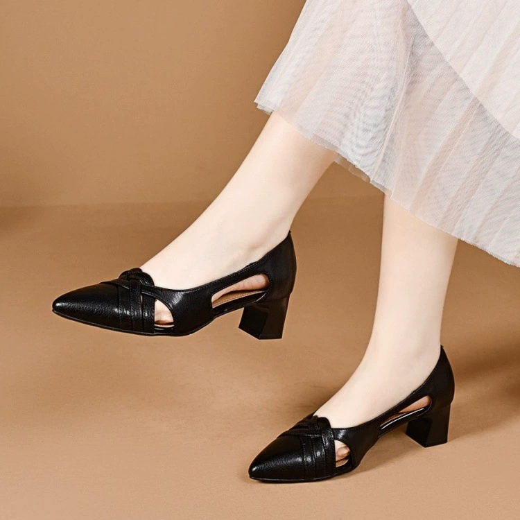 Pointed Toe Cutout Crisscross Strap Block Heel Shoes