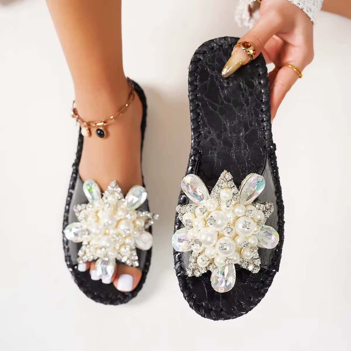 Floral Pearl Slip On Flat Slides