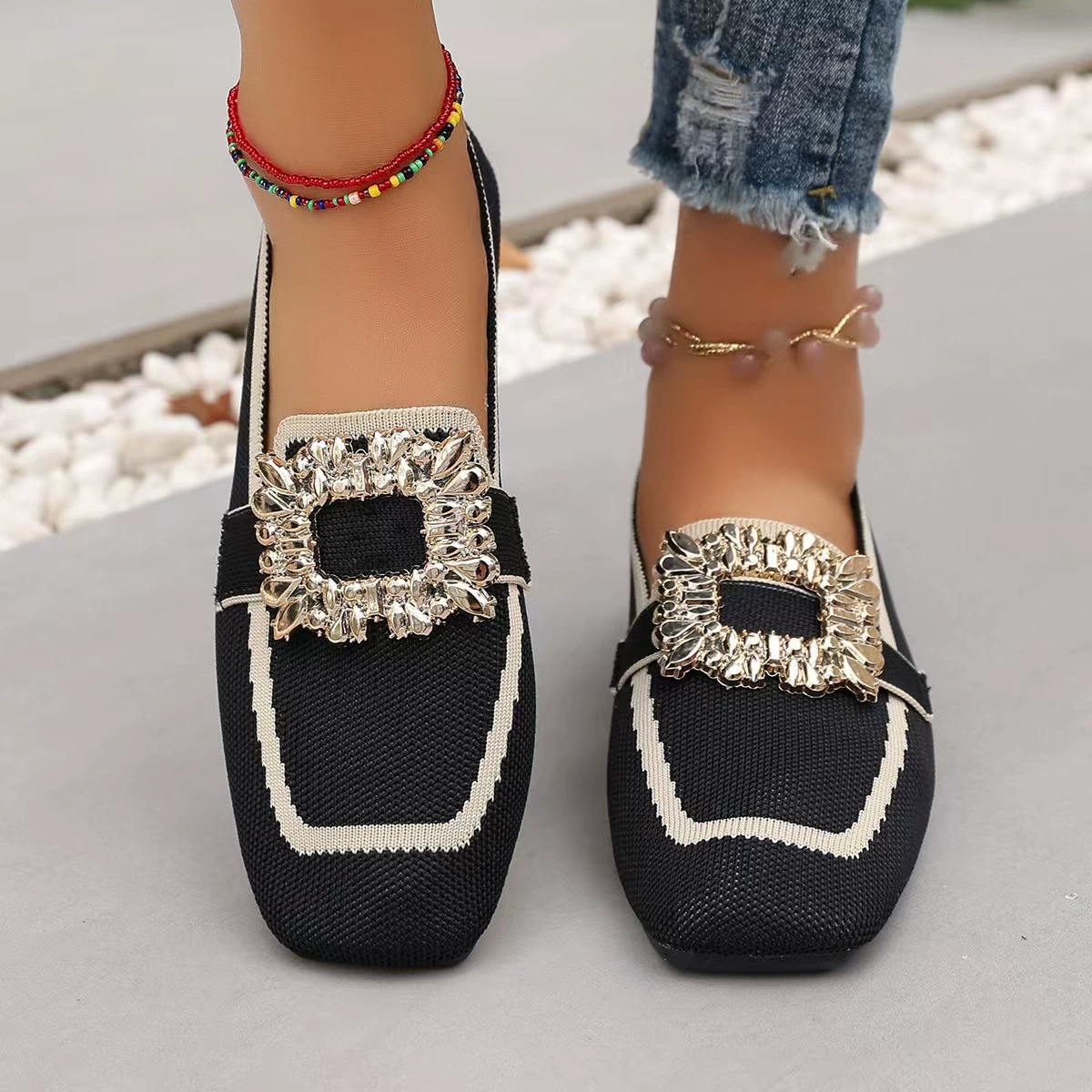 Rhinestone Buckle Knit Loafer Flats
