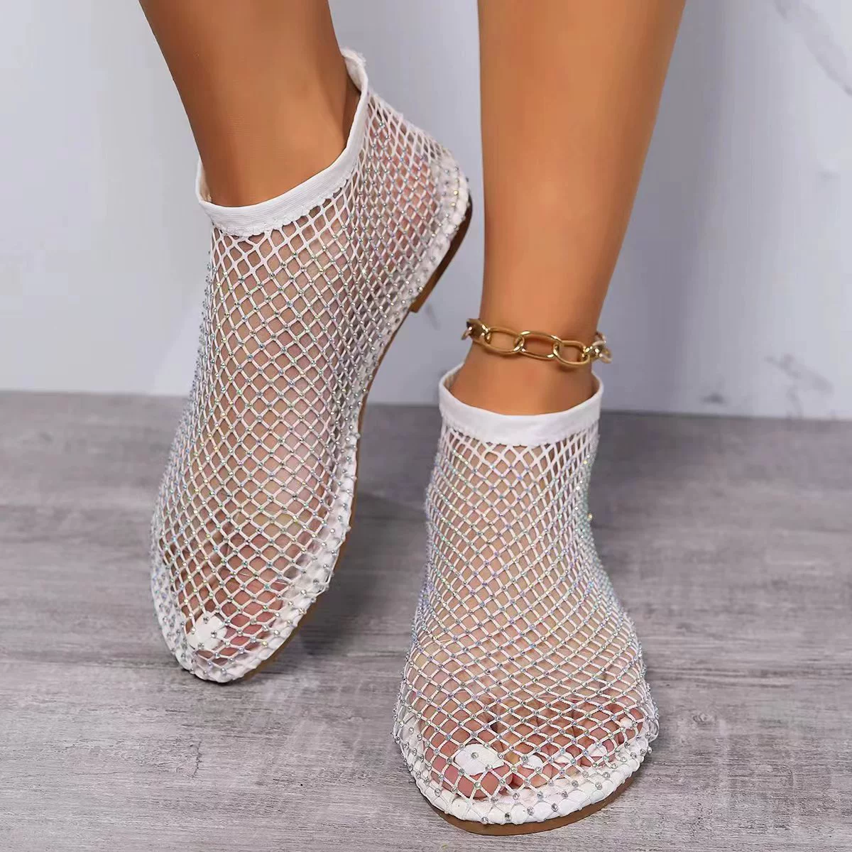 Rhinestone Mesh Flat Ankle Boots for Women
