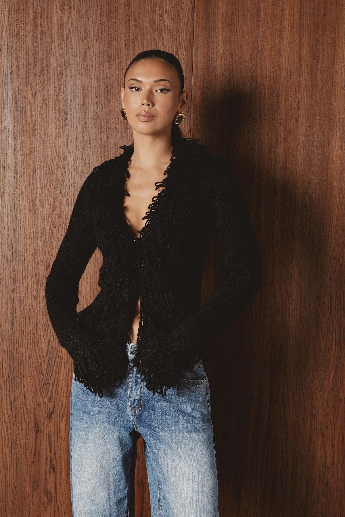 ALESSIA Black Fringe Knit Cardigan