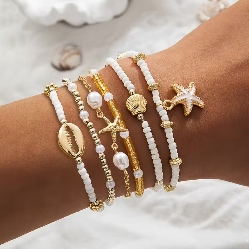 Coastal Gold-Tone & Pearl Bracelet Set of 6