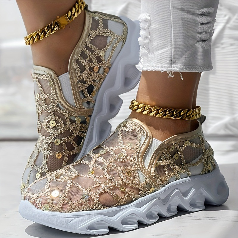Sparkle Mesh Slip On Platform Casual Sneakers