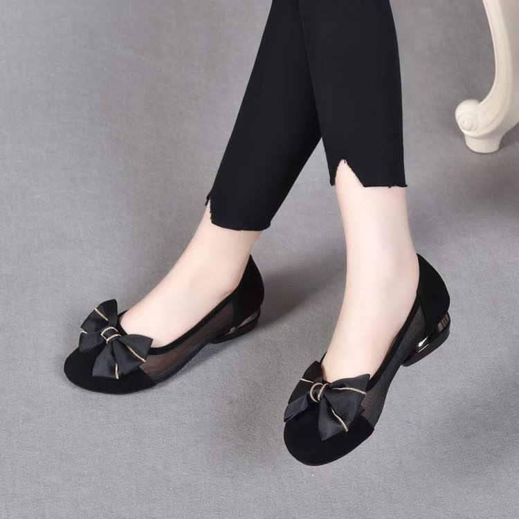 Mesh Rhinestone Bow Low Block Heel Pumps for Women