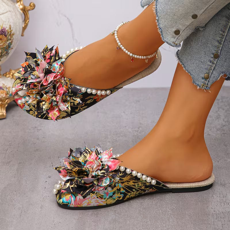 Flat Mules with Pearl and Floral Print