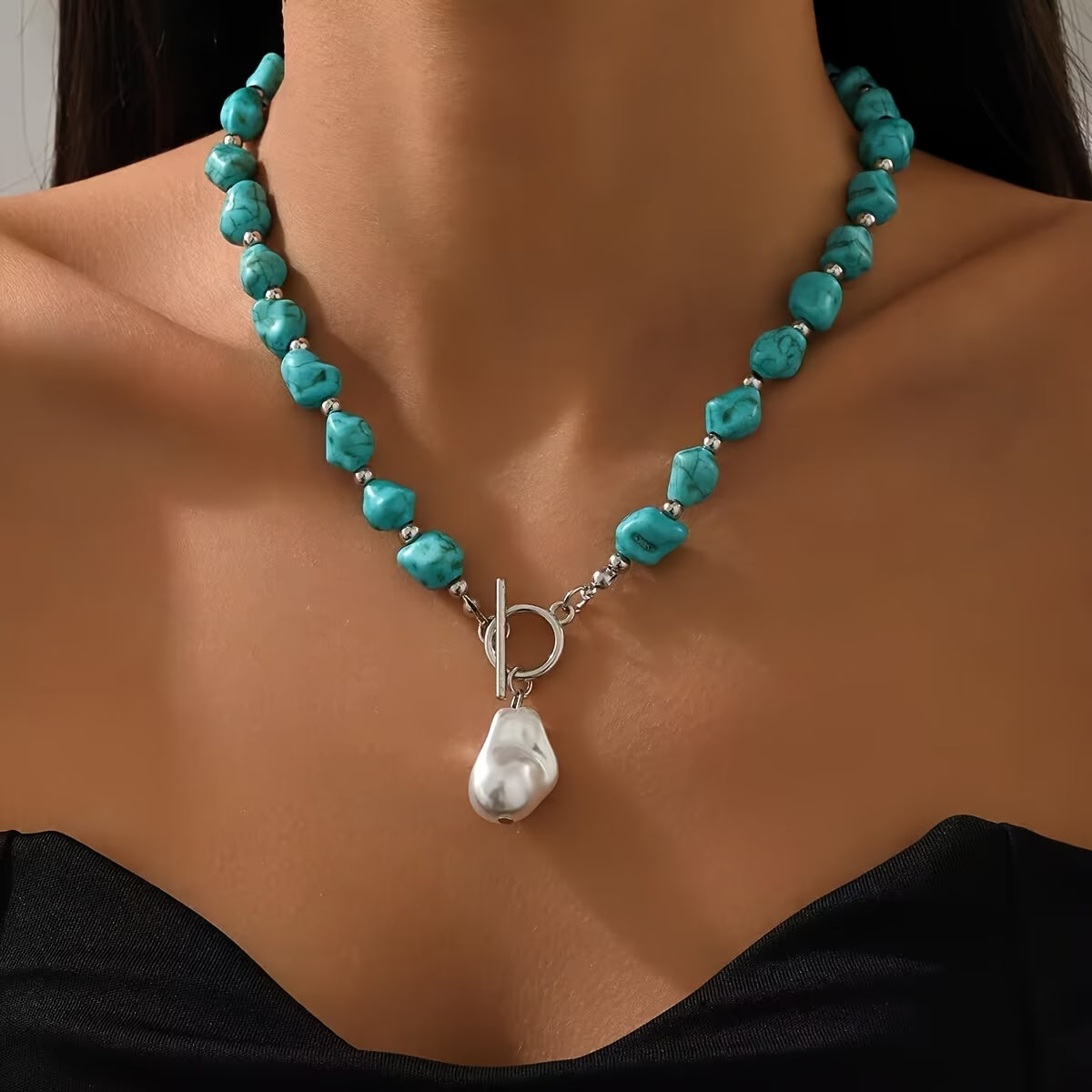 Turquoise & Pearl Silver-Tone Necklace