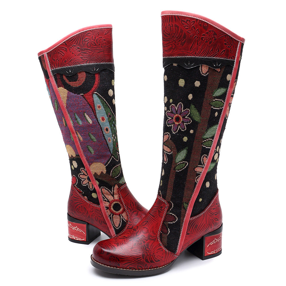 Bohemian Block-Pattern Leather Tall Boots with Exotic Print