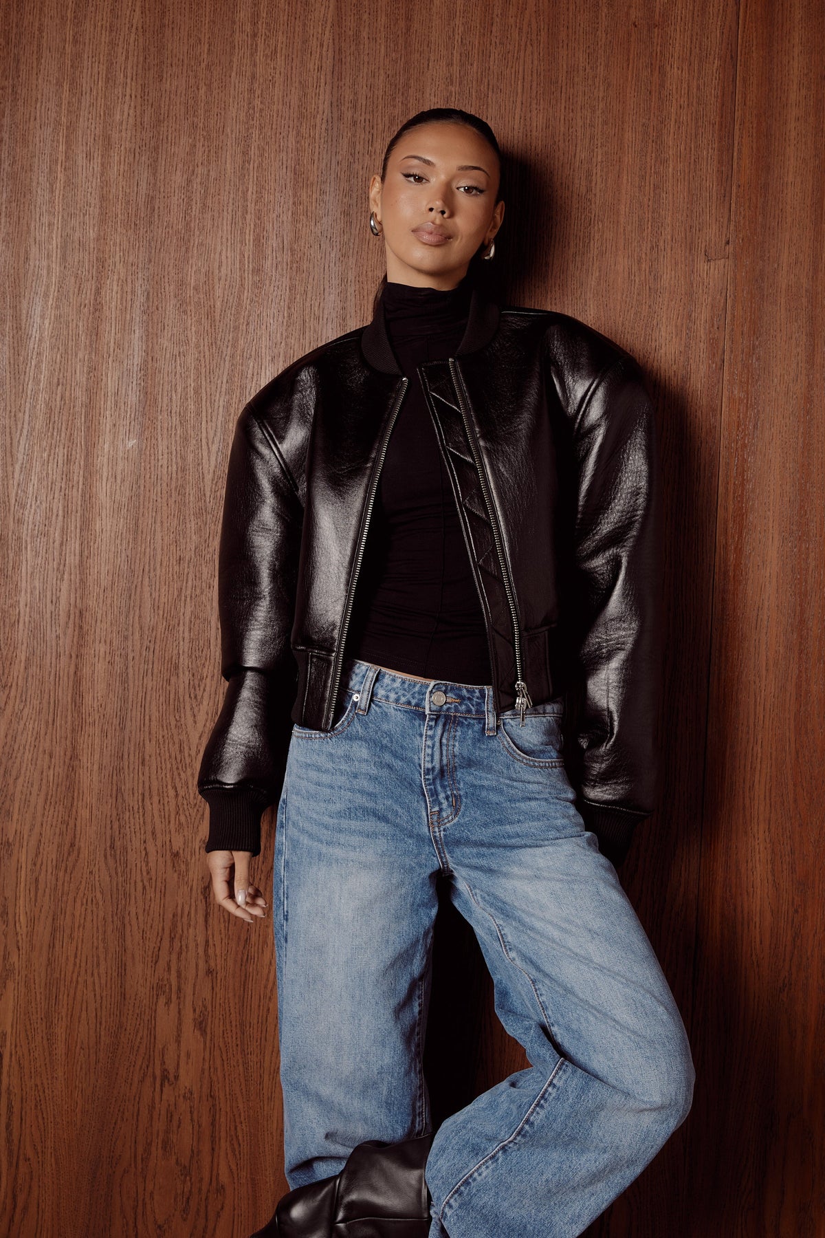 KYLIE Black PU Bomber Jacket