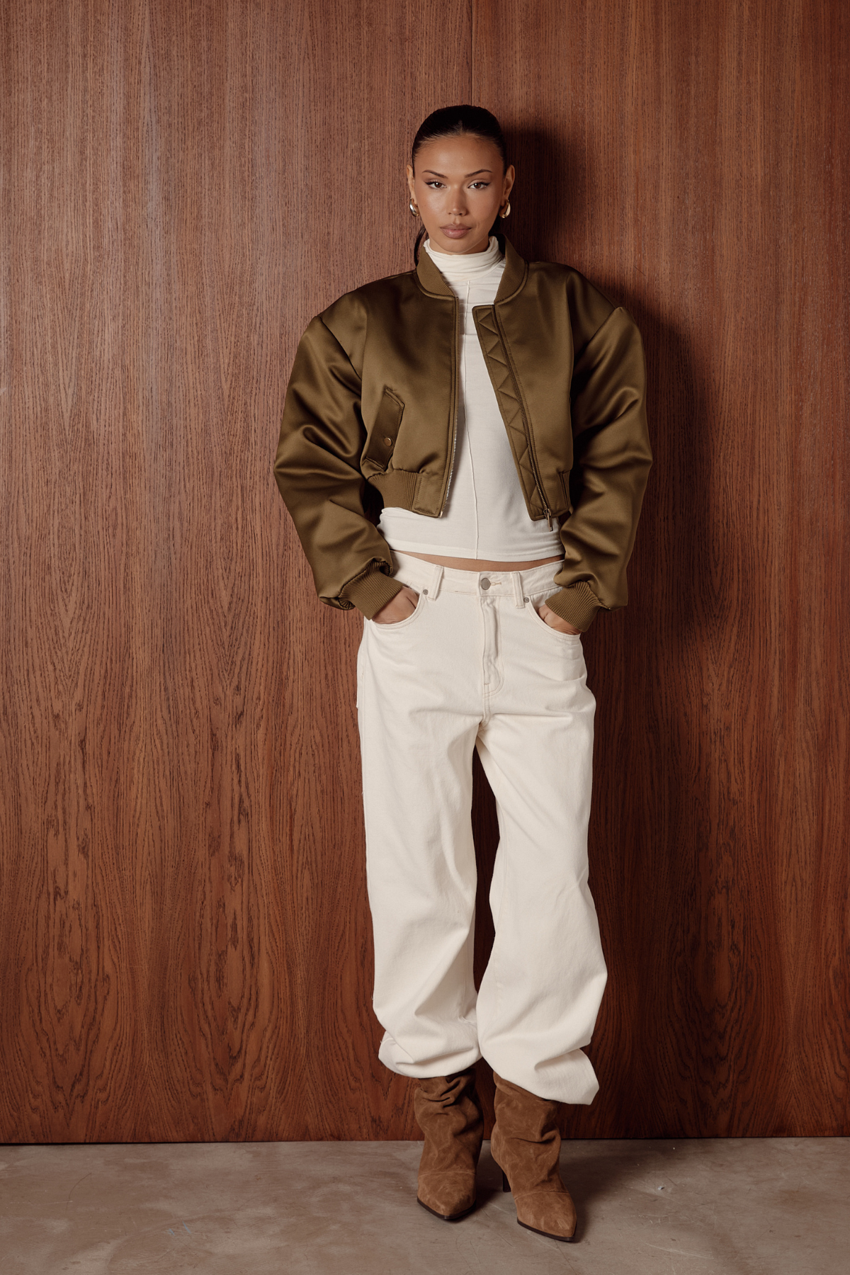 LIORA Khaki Satin Bomber Jacket