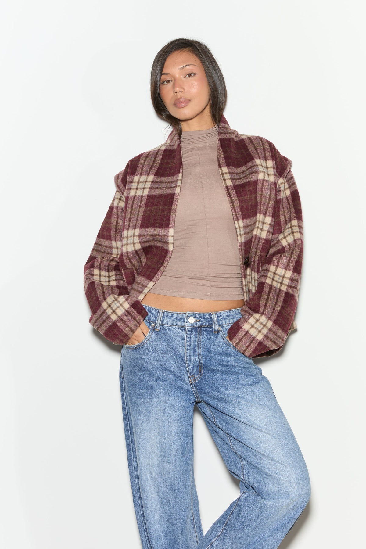 HAILEY Burgundy Check Wool Blend Jacket