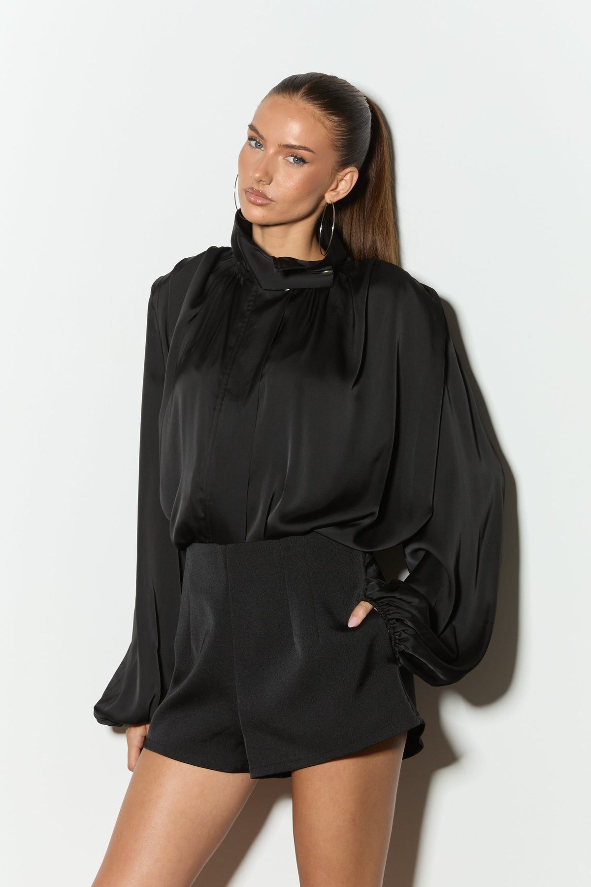 CELESTE Black Funnel Neck Satin Top