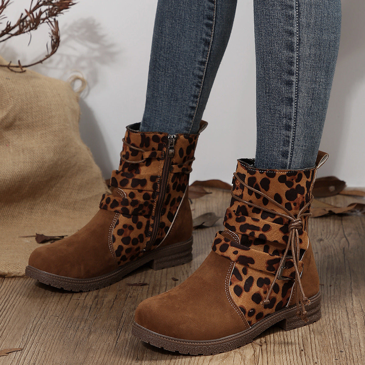 Buckled square-heeled round-toe mid-calf boots