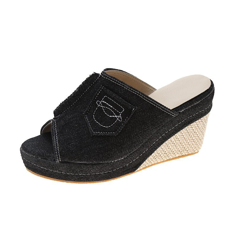 Denim Open-Toe Wedge Sandals