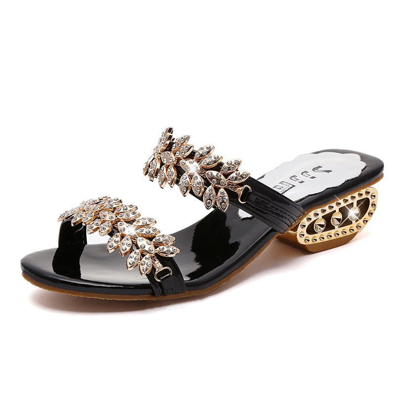 Stylish Rhinestone Square-Heel Slide Sandals