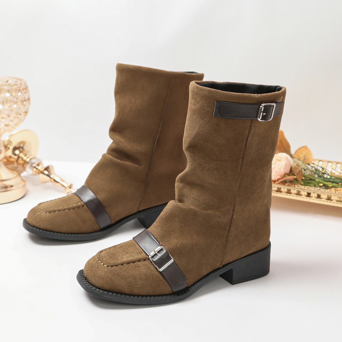 Vintage Buckle Leather Ankle Boots