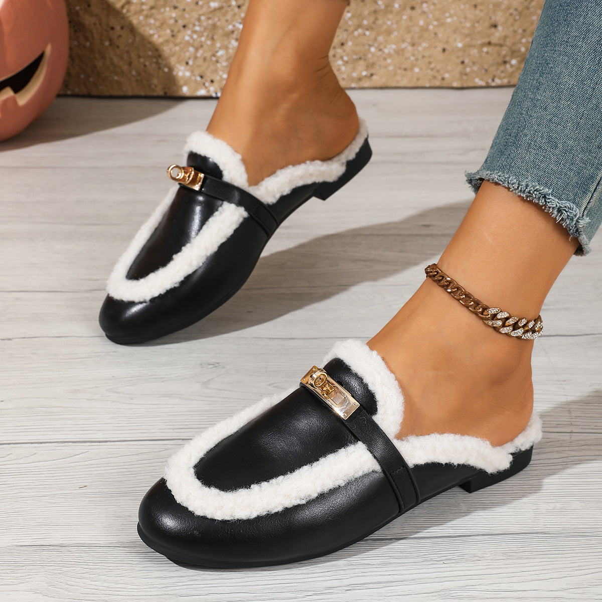 Fur Buckle Mule Slippers