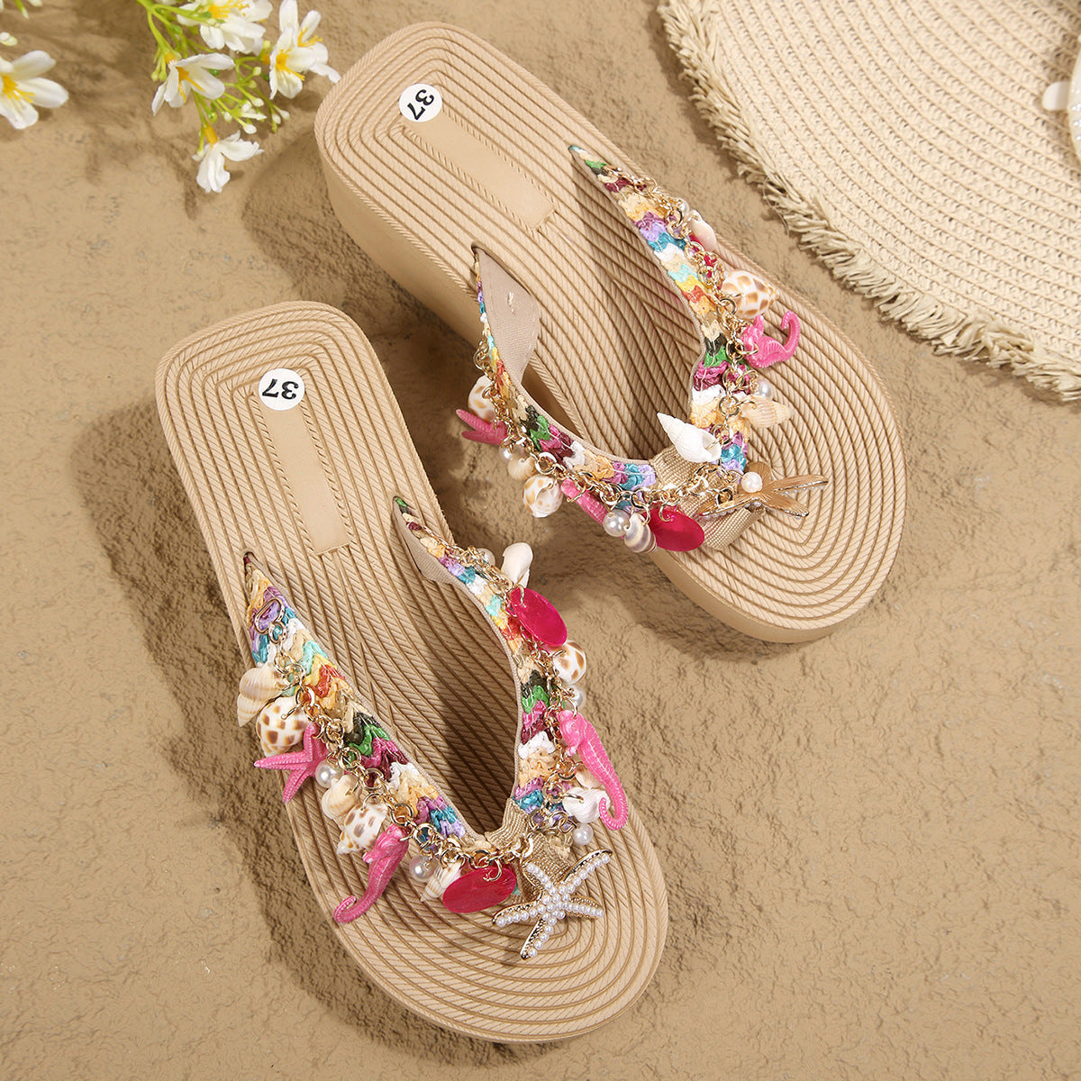 Platform beach flip-flops with pearl detailing