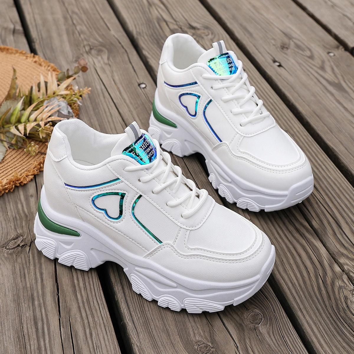 Iridescent Heart-Detail Platform Sneakers