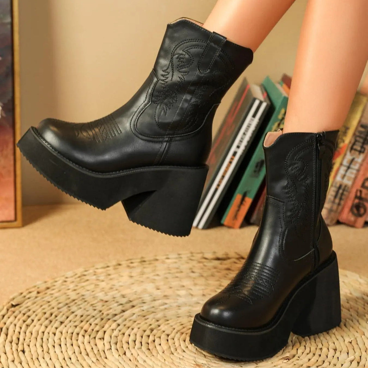 Embroidered platform ankle boots