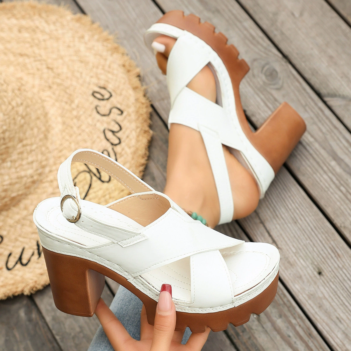 Chunky Heel Cross Strap Summer Sandals