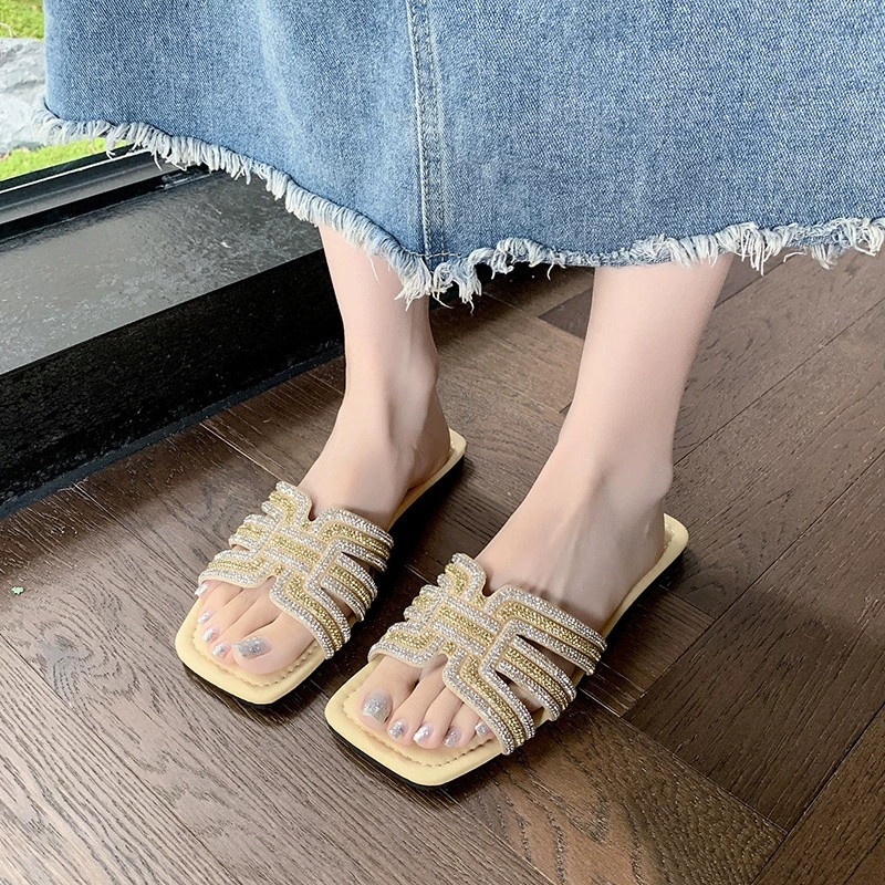 Rhinestone Geometric Strap Square Toe Slide Sandals