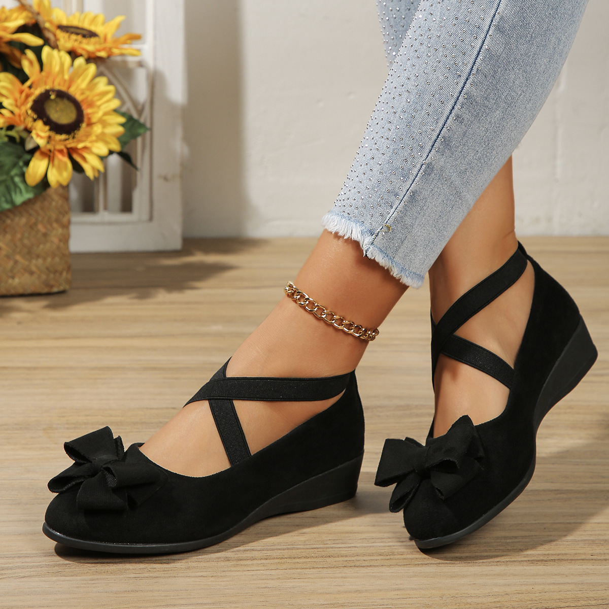 Bow Cross Strap Wedge Ballet Flats
