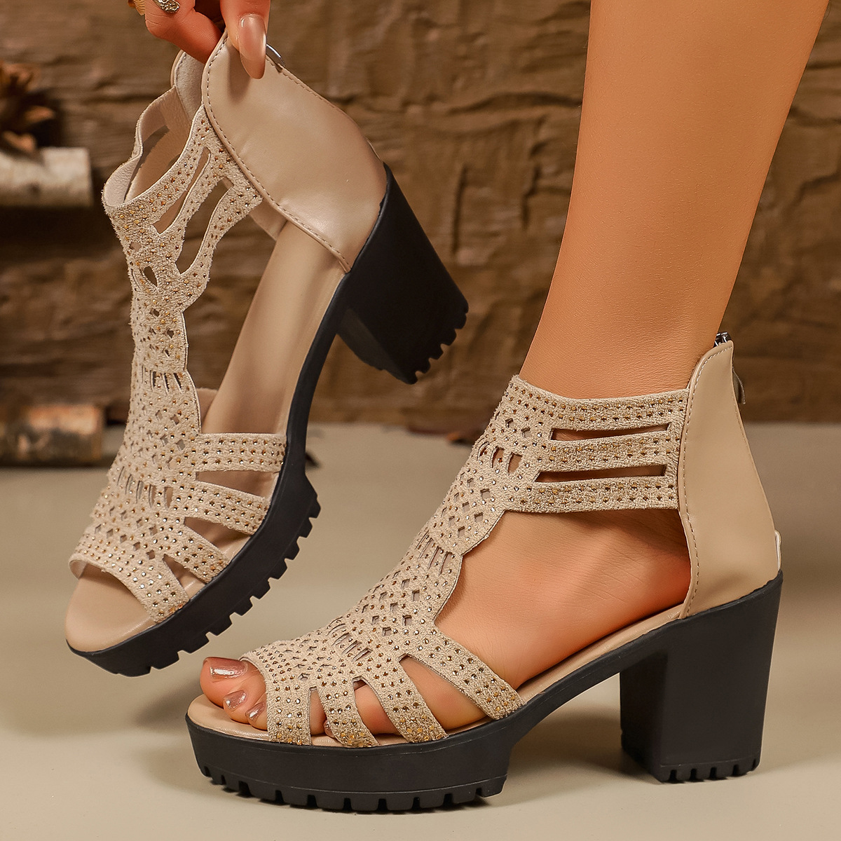 Peep Toe Platform Heels - Bling Bling Rhinestone Design