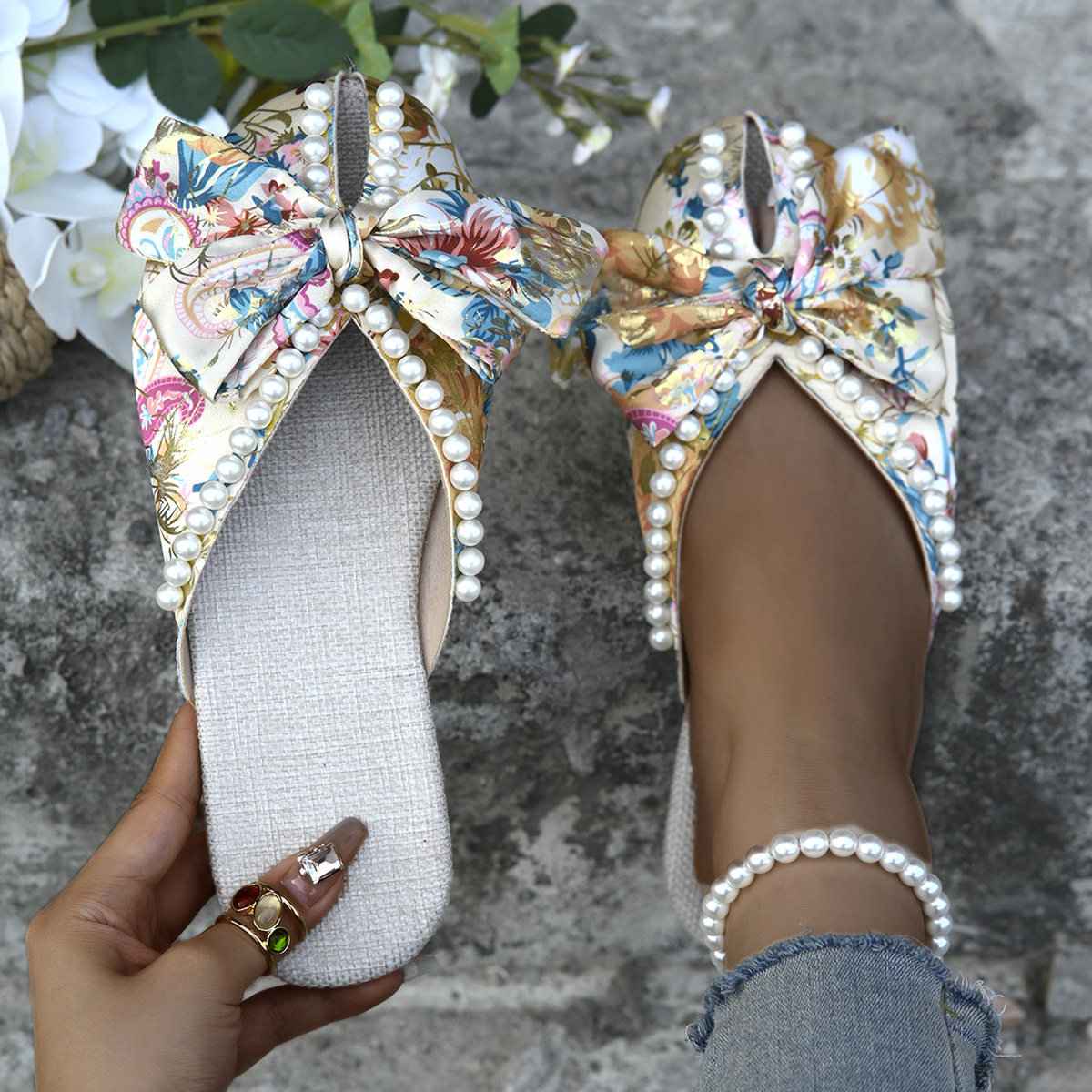 Floral Pearl Bow Open Toe Flat Slides