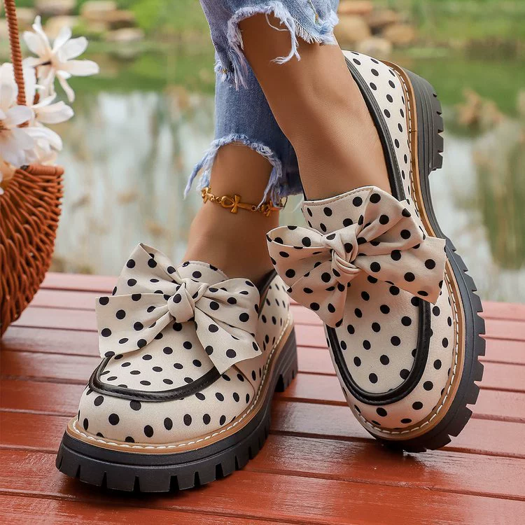 Women Polka Dot Bow Chunky Sole Platform Loafer