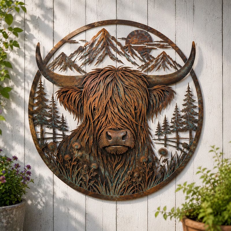 Highland Cow Wall Art | Layered Metal Mountain Scene