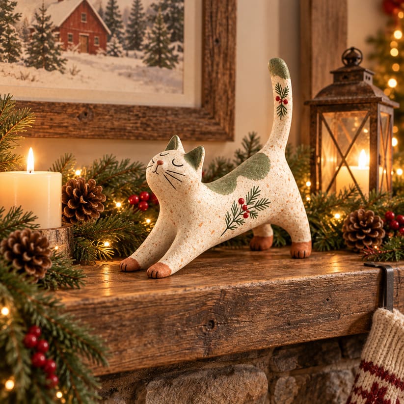 Woodland Christmas Cat Figurine With Rustic Vintage Finish