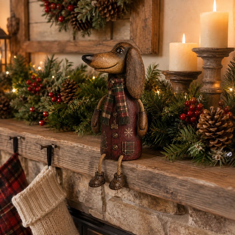 Dachshund Shelf Sitter | Vintage Christmas Figurine with Plaid Scarf
