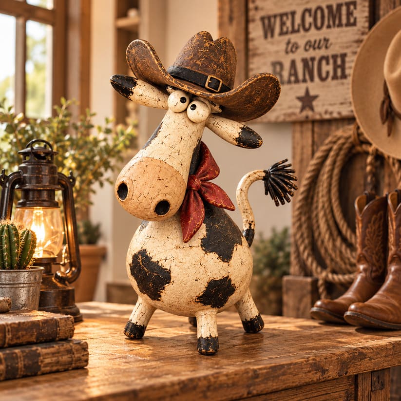 Rustic Funny Cowboy Cow Figurine