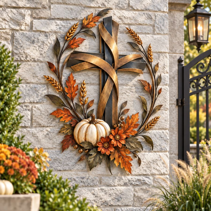Cross & Pumpkin Wall Decor | Layered Metal Harvest Design